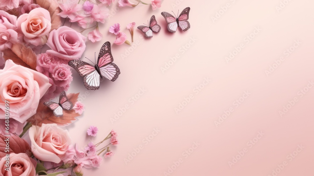 pink roses and paper with butterflies arranged on white