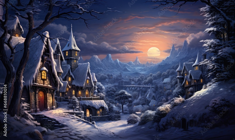 a landscape of snow and houses in wintertime