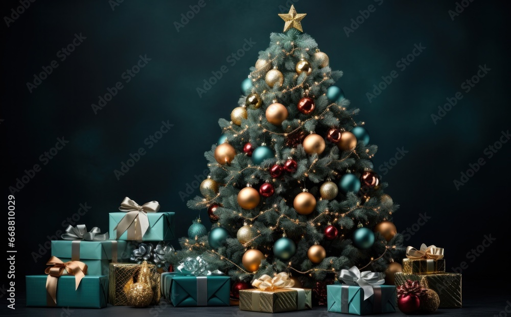 christmas tree with presents on dark background