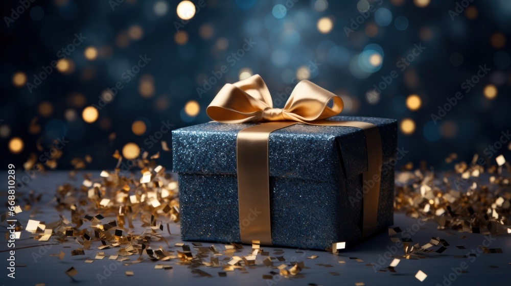 gift box surrounded by golden sparks on blue background