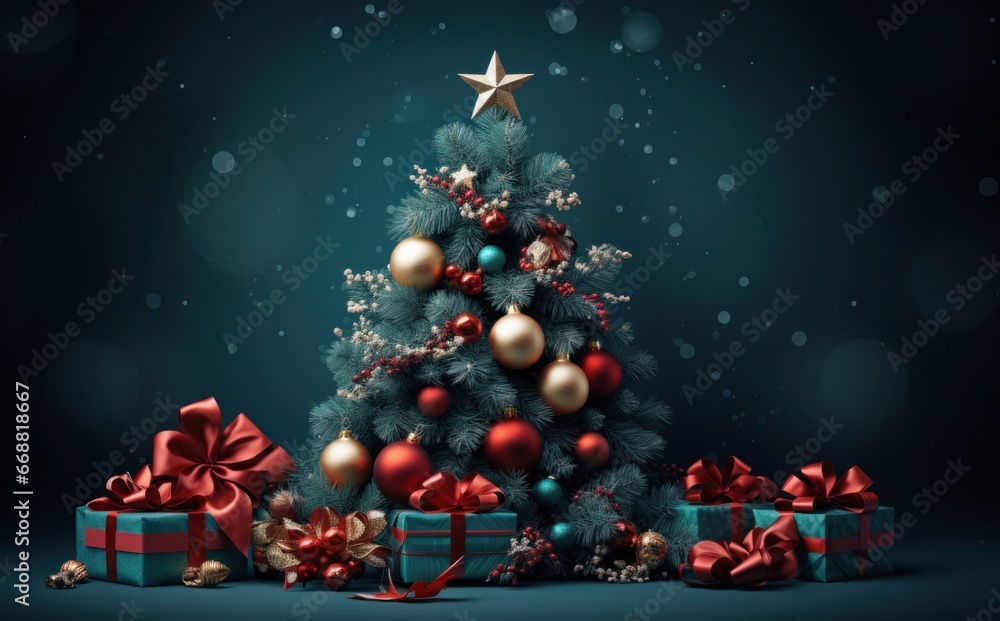 a christmas tree on a dark background with presents