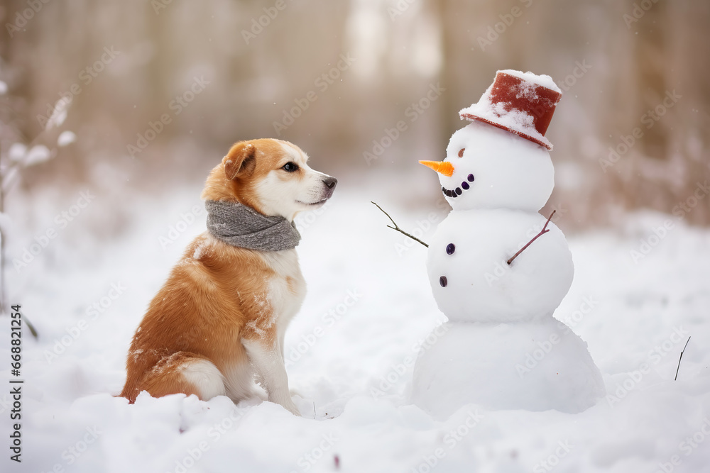 Cute dog in scarf and snowman in winter forest