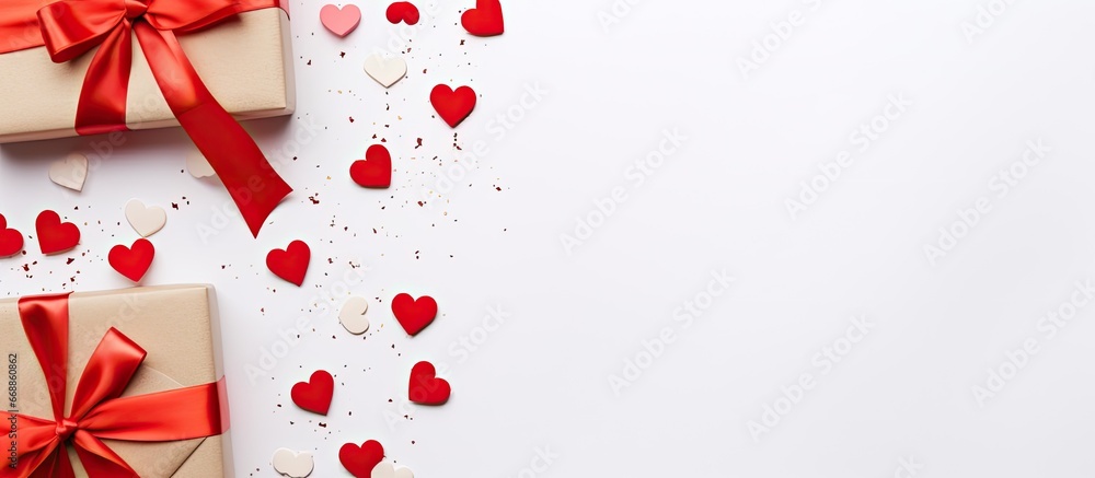 Handmade paper with red bow and hearts on white background