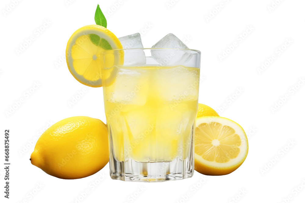 Refreshing Glass of Lemonade with Ice on transparent background.