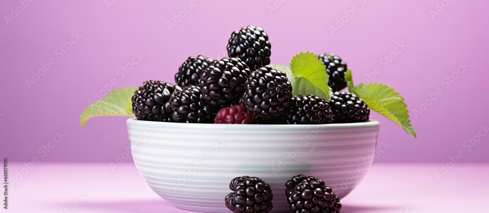 Ripe blackberries in bowl on light violet background