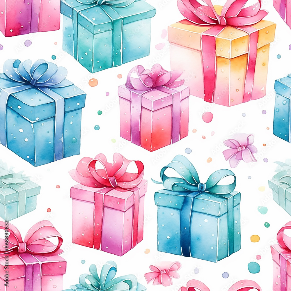 cute watercolor colorful gift boxes seamless pattern