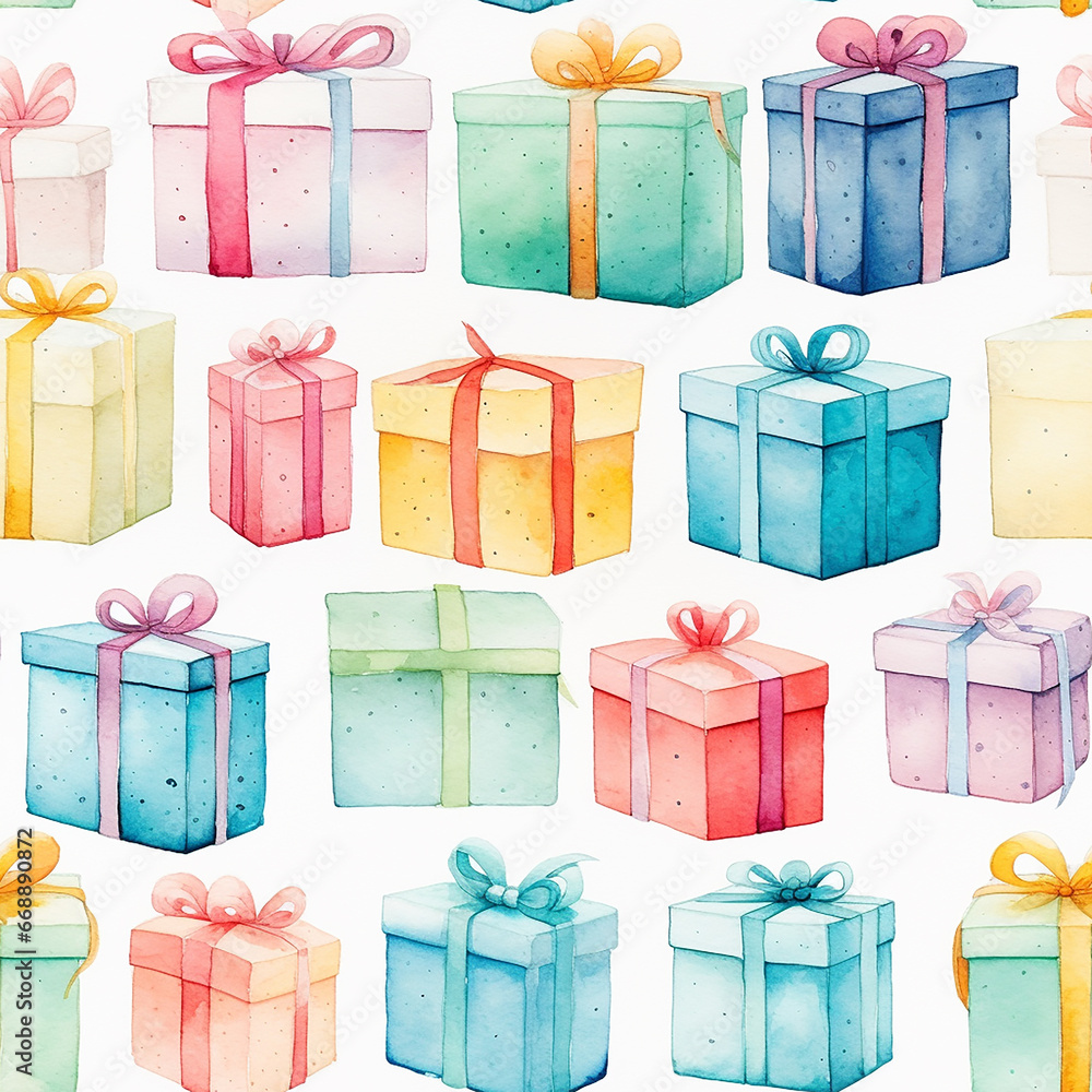 cute watercolor colorful gift boxes seamless pattern