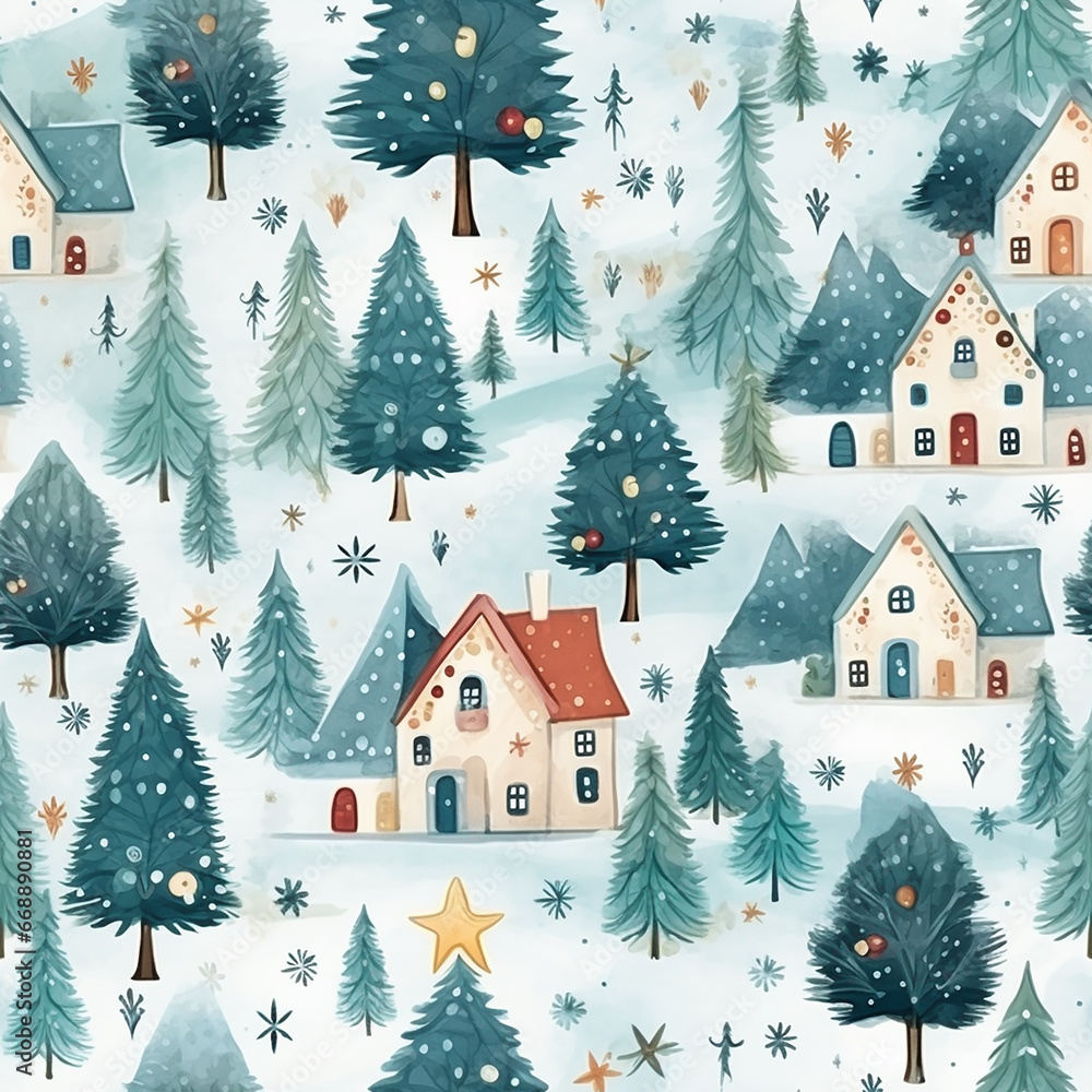 cute watercolor childish christmas seamless pattern