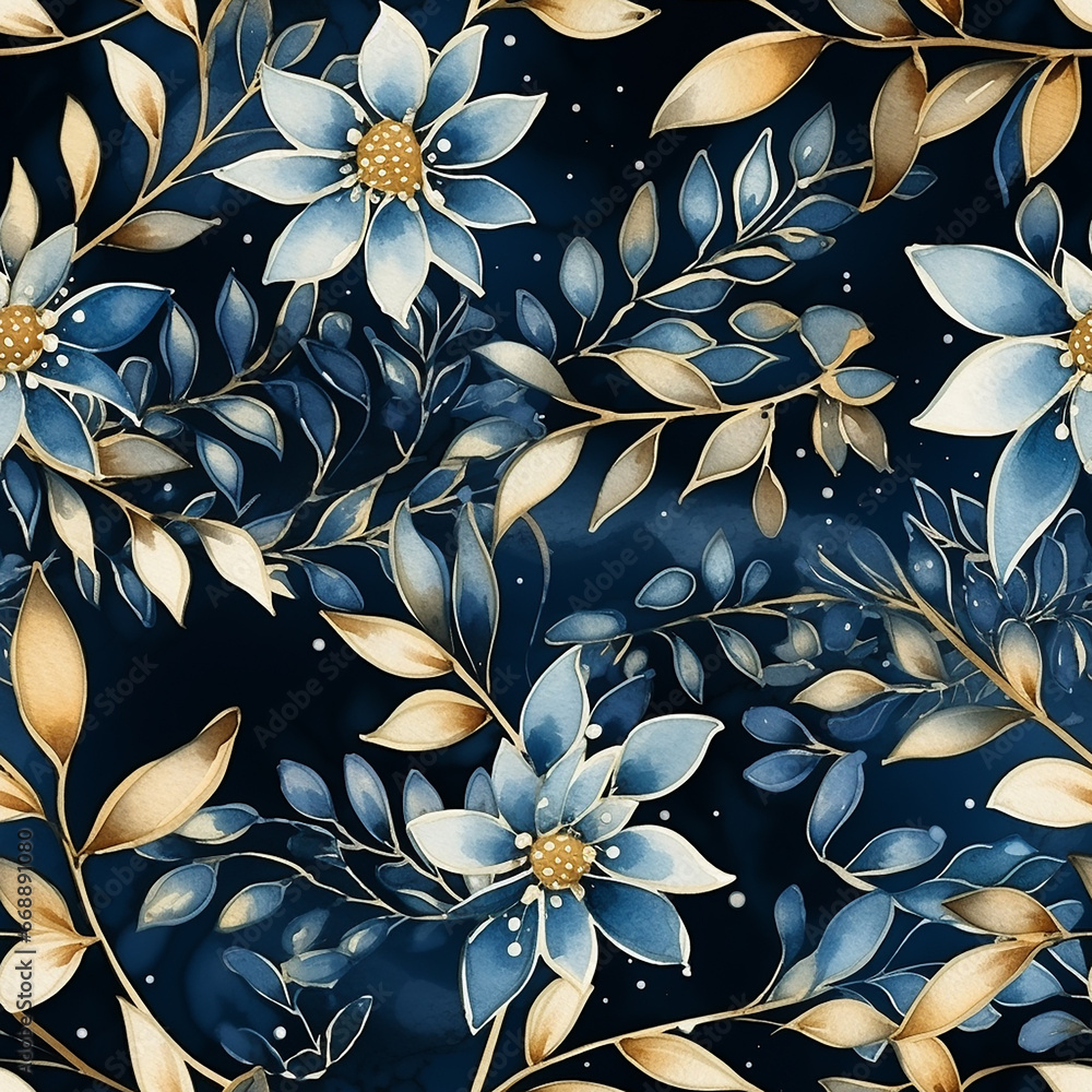 cute watercolor blue and gold christmas seamless pattern