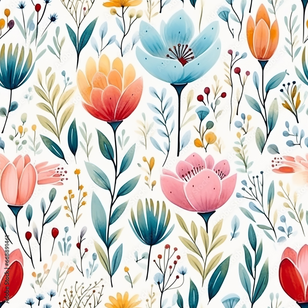 cute watercolor childish flowers seamless pattern