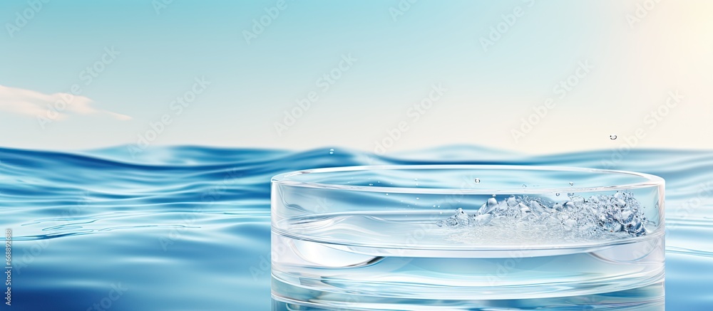 Clear glass podium on blue water background for product presentation