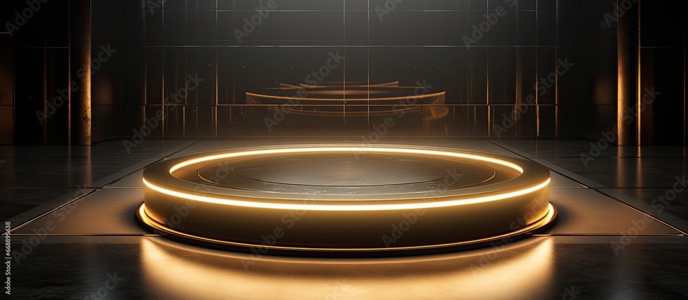 Minimalistic luxury product display for beauty cosmetics in a sleek and sophisticated AI studio with a shiny gold metallic podium and transparent glass circle stand illuminated in a dark amb