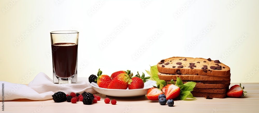 Healthy breakfast with chocolate bread juice and fruit but no cup