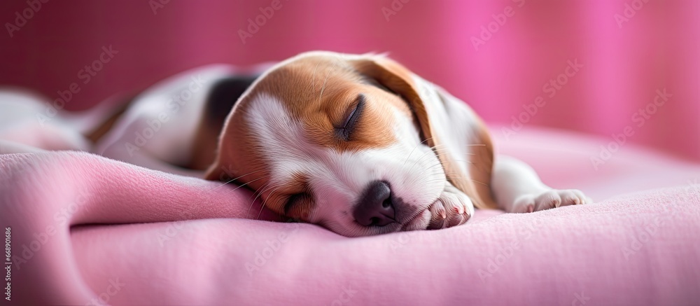 Sleeping Beagle dog on pink baby blanket sofa