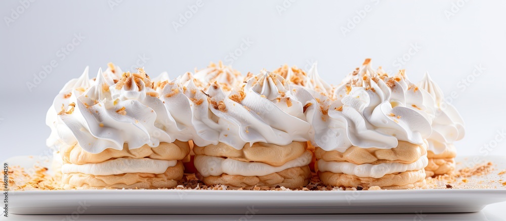 Layered white cake separated by meringue cookies