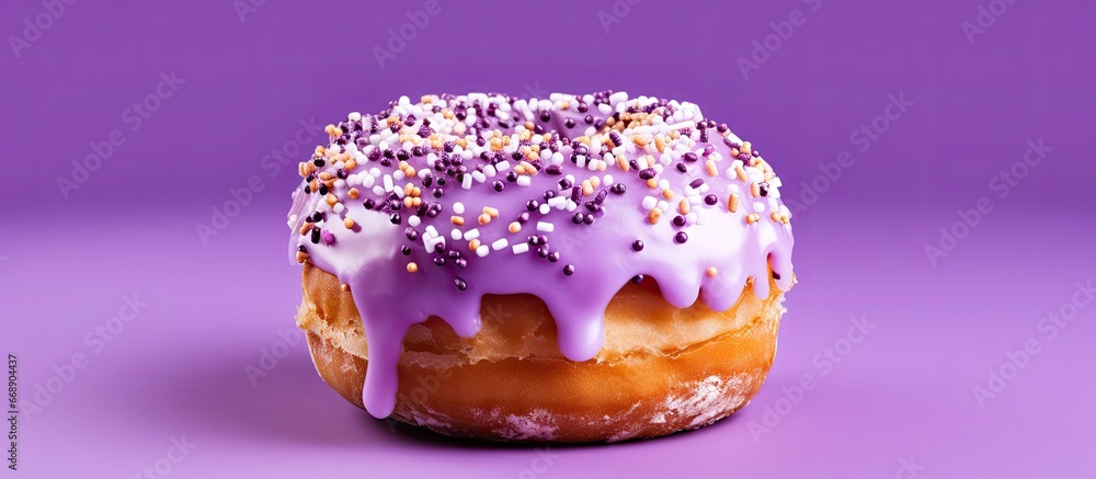 Purple background with close up of frosted donut