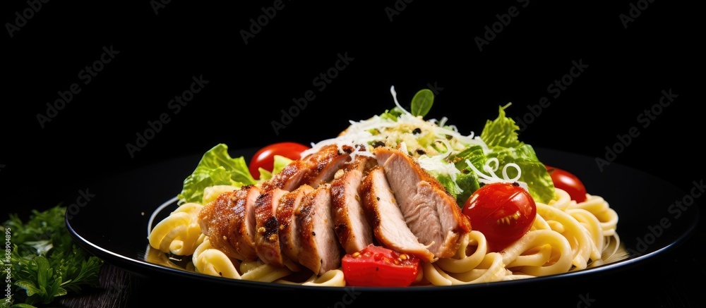 Close up of pasta chicken and lettuce on plate