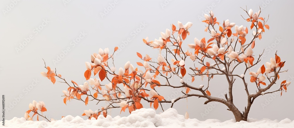 Winter snow on magnolia tree and leaves