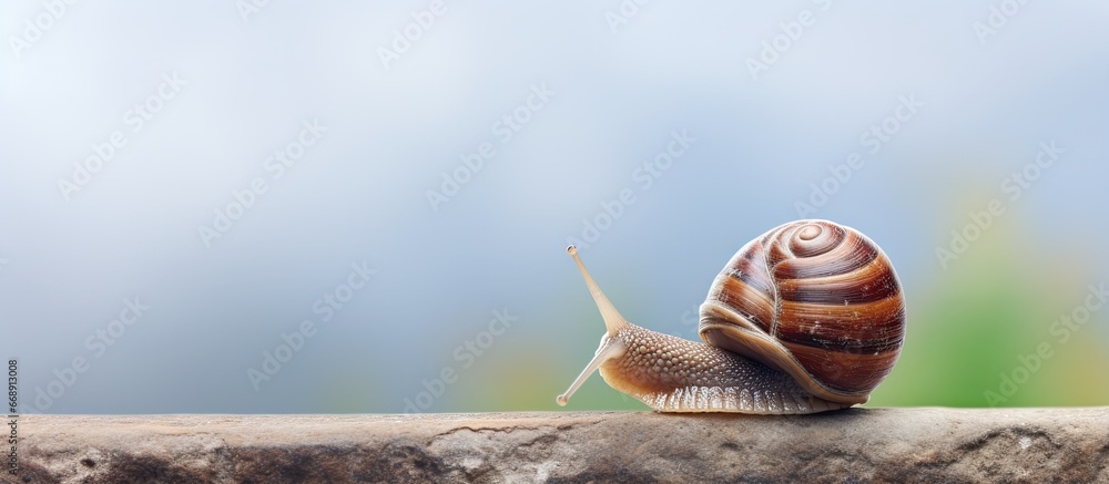 Tiny mollusk crawling on aged wall