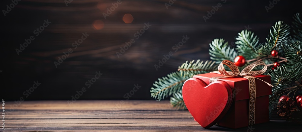 Heart shaped red gift box next to wooden box near fir branches