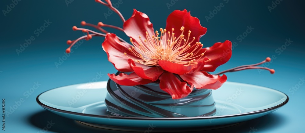 Red flower on blue cake decoration plate dessert