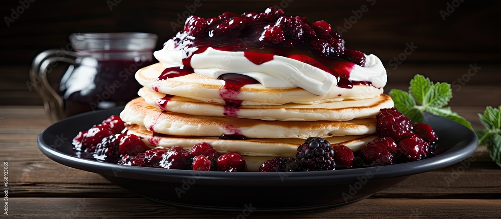 Cream cheese and berry jam top homemade pancakes on a wooden table with selective focus