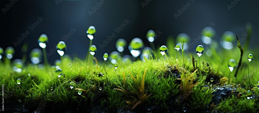 water beads on moss