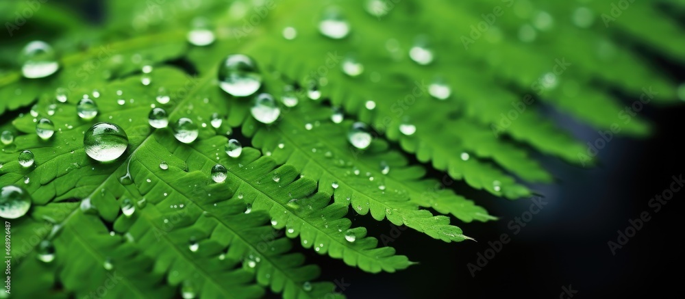 Water droplets on a leaf fern refreshing in a close up shot