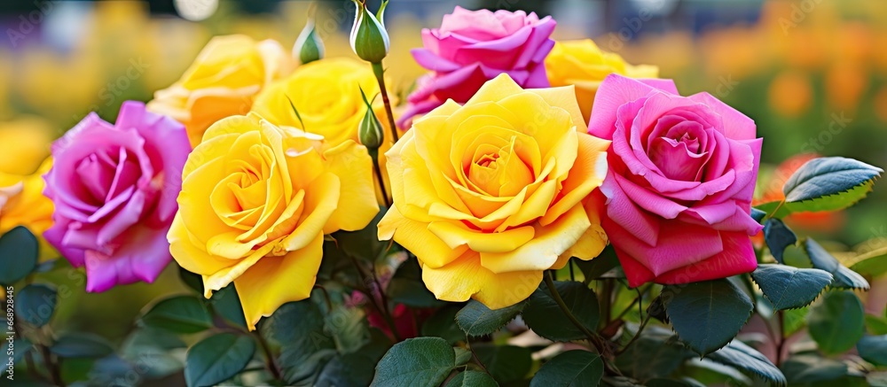 Purple and yellow blossoms of a beautiful floribunda rose bush in a garden