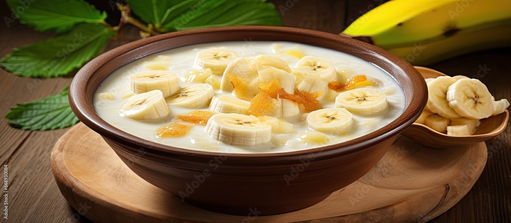 Thai dessert called Kluay Buad Chi Bananas cooked in coconut milk served on a wooden table Focus on the bowl