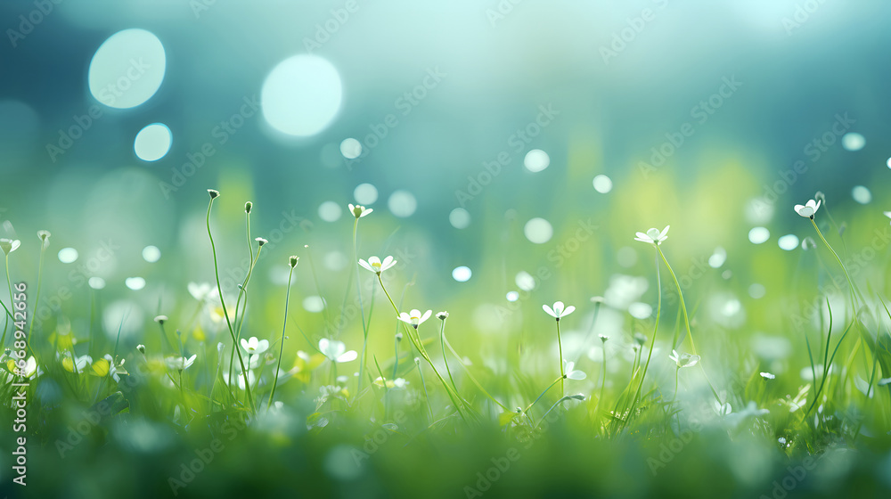 spring background with grass and flowers on blur background