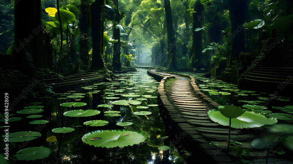 tropical forest with Green Lillypads and wood road Wallpaper