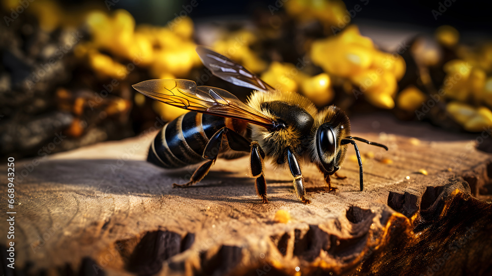 A small black and yellow bee buzzing happily around hive