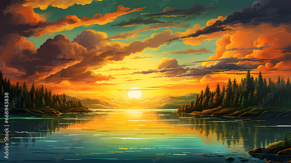 sunset over the lake, Beautiful sunset or sunrise with golden sky