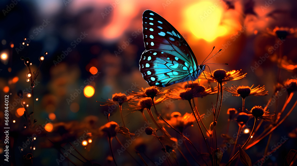 butterfly on a flower, Butterfly at sunset