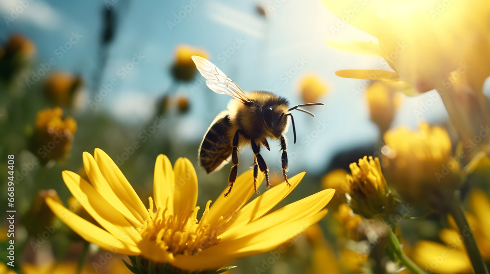 Flying Bumblebee landing to yellow flower