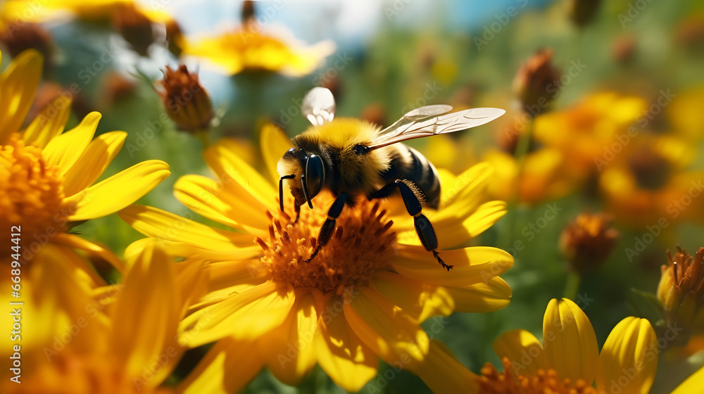 Flying Bumblebee landing to yellow flower