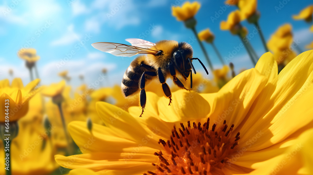 Flying Bumblebee landing to yellow flower