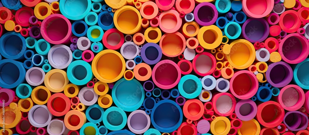 Paper cylinders and droplets create an artificial intelligence backdrop of abstract colors