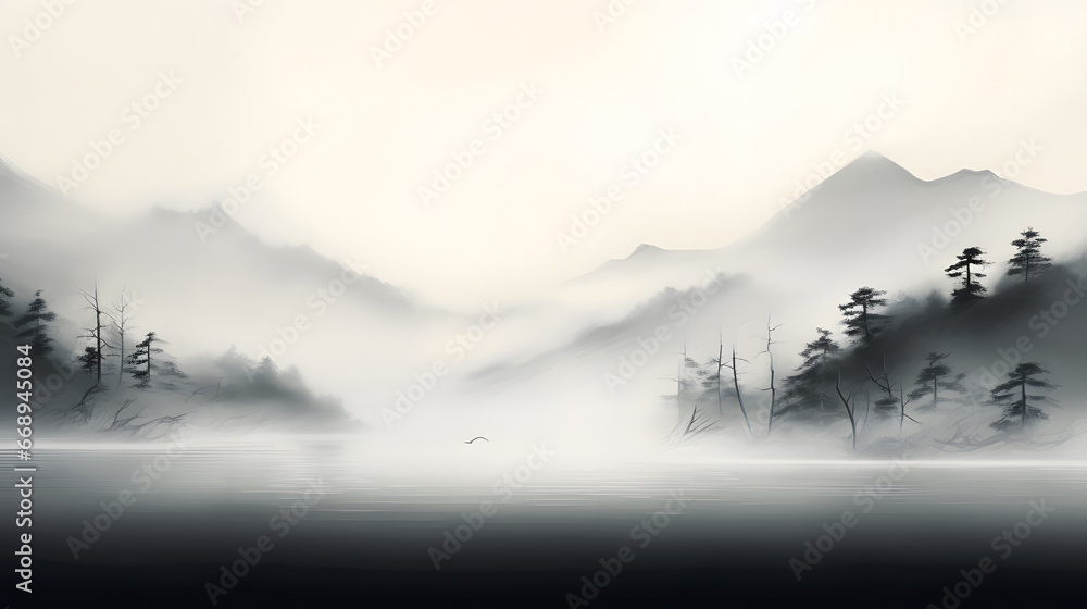 misty mountain landscape with fog