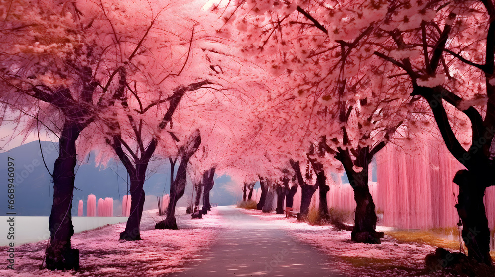 spring in the park, landscape with blossom and mountain, cherry blossom