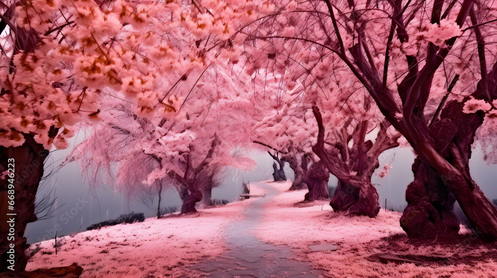 spring in the park, landscape with blossom and mountain, cherry blossom