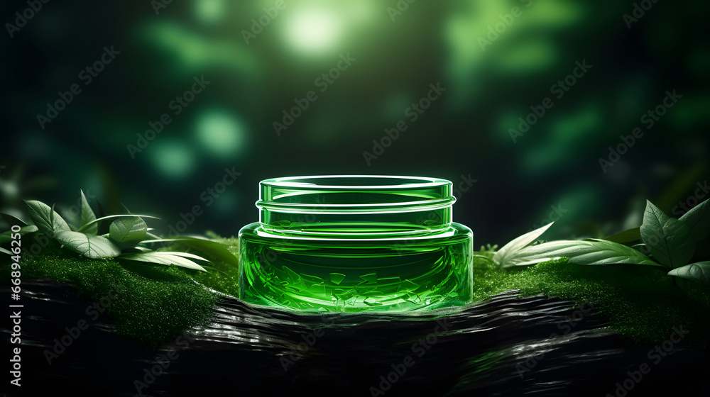 glass jar with green leaves, green product