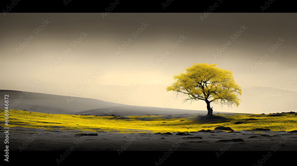 tree on the hill, yellow tree landscape photography serene and calm