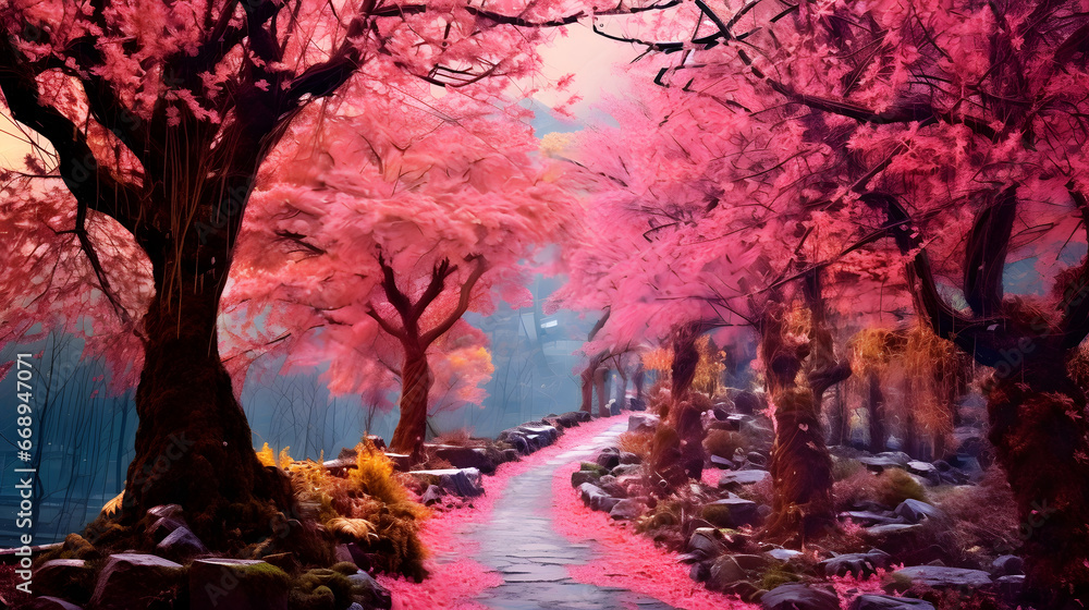 spring in the park, landscape with blossom and mountain, cherry blossom