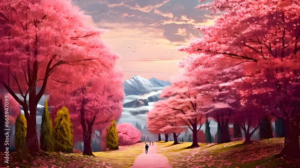 spring in the park, landscape with blossom and mountain, cherry blossom