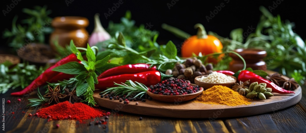 Assorted spices on table Basil red pepper chili turmeric salt on plate Turmeric on table