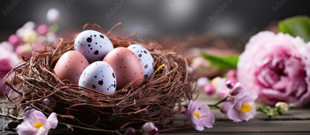 Closeup of wicker nest with chocolate eggs and floral decorations