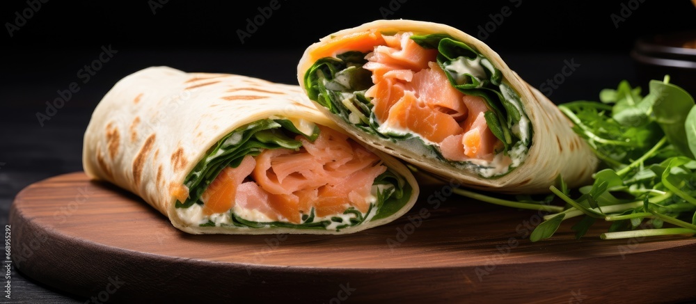 Salmon cream cheese spinach arugula wraps become fish burritos overhead and horizontal