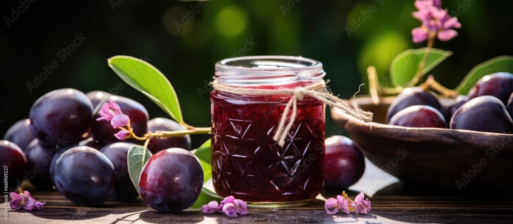 Plum jam and croissants with ripe plums high key selective focus